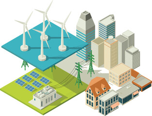 Isometric clean energy city illustration with wind turbines, solar panels, power grid, sustainable infrastructure, smart urban renewable ecosystem concept