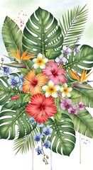 Vibrant tropical floral arrangement with exotic blooms and lush foliage.