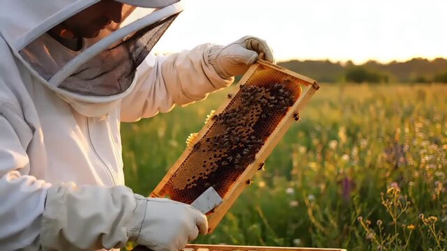 Beekeeper in protective suit holding honeycomb frame with bees in a field of wildflowers at sunset.