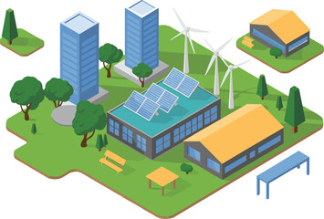 Isometric eco smart district illustration with solar rooftop buildings, wind turbines, green infrastructure, sustainable urban renewable energy environment concept