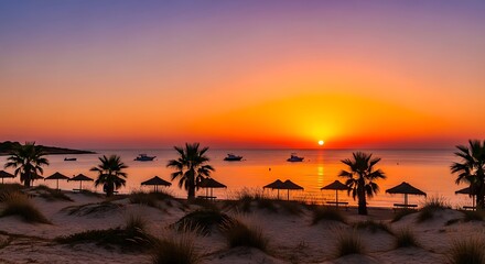 Tropical beach at sunset with palm trees and calm ocean.