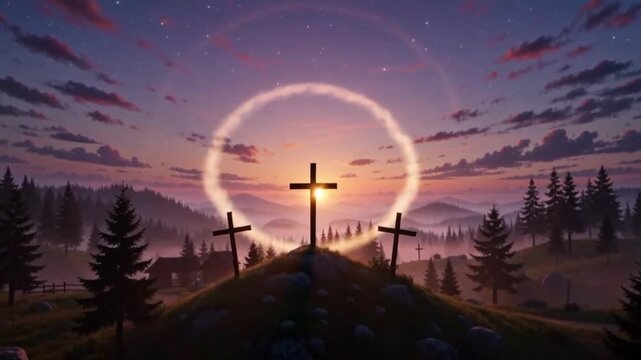 Three Crosses on Calvary Hill at Sunset with Divine Glowing Halo Ring, Christian Easter Resurrection Background