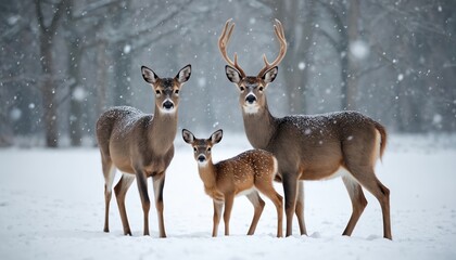 Obraz premium Three deer stand together in snowfall. A male deer with antlers looks ahead. A fawn and a female deer stand beside him. Snow covers their fur.