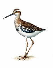 Detailed illustration of a wood sandpiper bird with brown spotted plumage and long legs standing on sand. White background isolates the avian species for educational or scientific use.