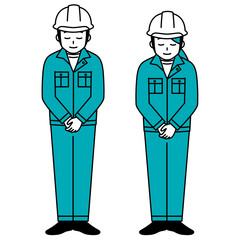 お辞儀をするヘルメットの作業員の男女　セット