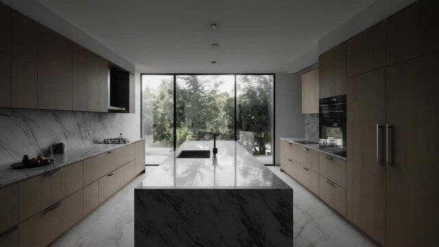 Modern Minimalist Kitchen Interior with Large Window.