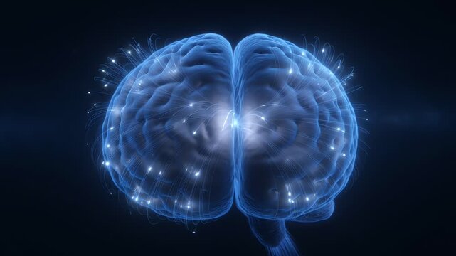 A glowing blue human brain illustration with sparking neurons on a dark background viewed from the front