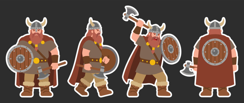 Cartoon viking warrior character sticker set in different poses and views with white outline, isolated vector illustration