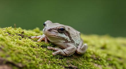 Small amphibian perches on a moss-covered surface.