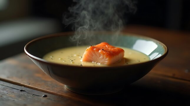 Dark Moody Salmon Chowder with Visible Steam, Rustic Wooden Table, Cinematic Comfort Food Photography