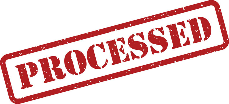 A prominent red grunge rubber stamp mark displaying the crucial word processed on a simple white background