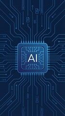 Artificial Intelligence Processor Chip with Circuit Board Network, AI Microchip Technology Background, Neural Network System Flat Illustration, Vertical bg