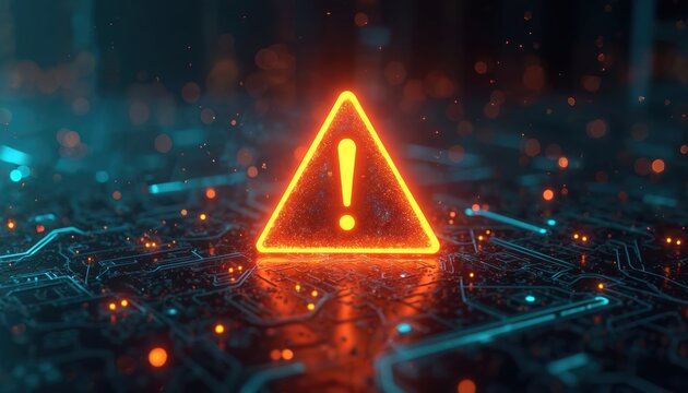 Glowing neon warning triangle with exclamation mark over digital circuit board. Abstract futuristic danger alert signifies system failure or cyber threat. Concept of digital risk emergency.