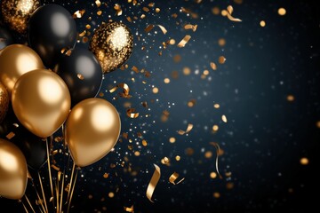 Obraz premium Elegant Gold and Black Balloons with Confetti for Celebration or Party Background with Sparkles and Festive Atmosphere