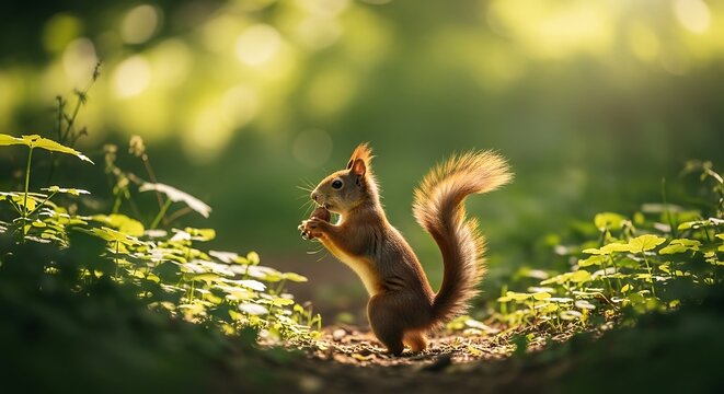 A cute, fluffy squirrel holds a nut, standing amidst greenery bathed in warm sunlight