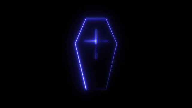 Blue neon coffin with cross outline animation on black background, death, funeral, mourning, or religion