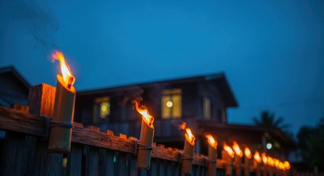 Traditional Bamboo Oil Lamps on Wooden Fence at Blue Hour for Hari Raya