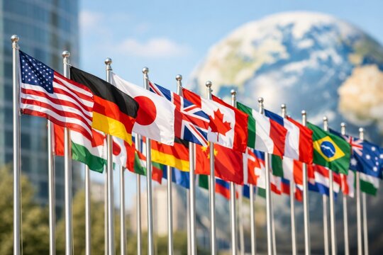 Vibrant Display of International Flags Representing Various Nations, with a Globe Backdrop Symbolizing Global Unity