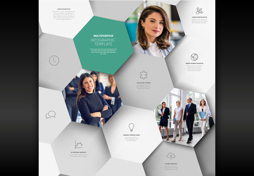 Modern Business Infographic Template with Hexagon Layout and Photo Placeholders