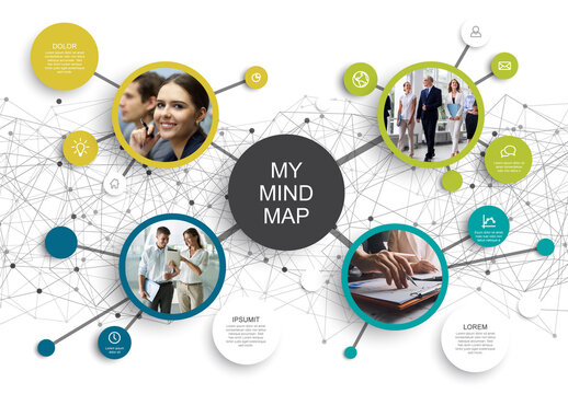 Business Mind Map Infographic with Icons, Photo Placeholders and Data Connection