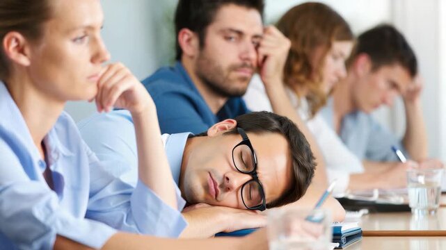 Diverse group experiencing fatigue during business meeting, versatile representation of workplace fatigue, corporate exhaustion, seminar boredom, stress management, team dynamics and productivity