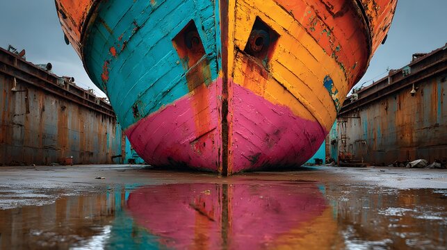 Massive bow of a colorful rustic ship in a dry dock features peeling pink, teal, and red paint with reflections on the wet concrete floor.