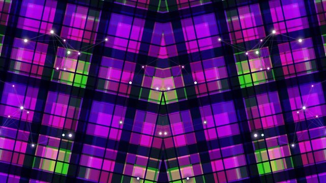 Vibrant colorful ceiling lights reflected in footage video, modern architecture interior design, cityscape, urban landscape, nighttime atmosphere