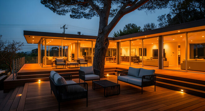 Modern luxury home exterior with deck and outdoor furniture at dusk