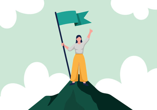 Successful woman reaching mountain peak, holding flag and celebrating achievement