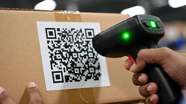 A person scans a QR code on a cardboard box in a warehouse setting