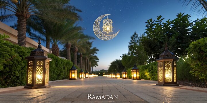 Luxurious tropical resort entrance illuminated by lanterns under a starlit night sky, offering a serene getaway