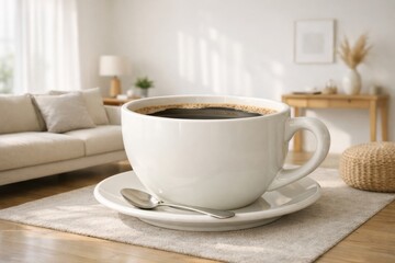 Obraz premium Cozy Setting Featuring a Large Cup of Black Coffee, Capturing a Moment of Relaxation in a Bright, Modern Living Room