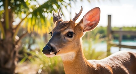 Obraz premium Young deer with small antlers stands near palm trees and water.