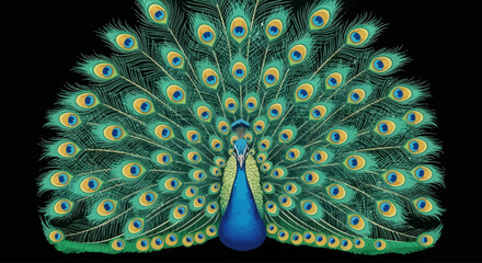Vibrant illustration of a peacock with spread tail feathers on a black background