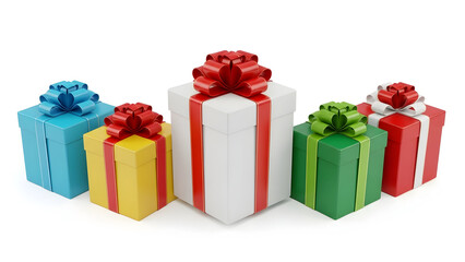 Fototapeta premium Colorful wrapped christmas presents with bows on white background