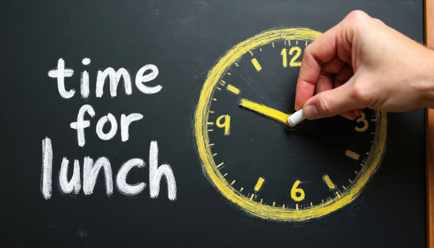 Hand draws clock on blackboard showing lunch break time. Text time for lunch written in chalk. Schedule reminder concept for work or school meal.