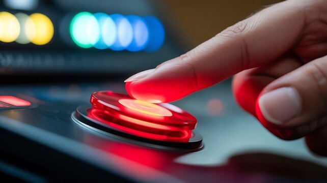 Closeup of finger pressing red button, illuminated button, control panel, industrial technology