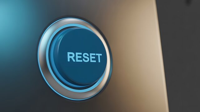 Blue reset button, shiny metallic interface, modern technology design, electronic device control