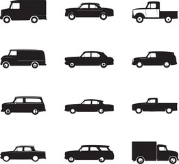 black silhouettes of various cars and trucks on white background