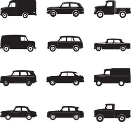black silhouettes of various cars and trucks on white background