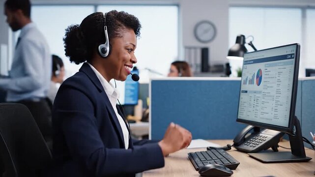 Smiling African American woman in headset working on computer in modern office