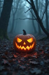Obraz premium Carved pumpkin with glowing orange face sits on forest floor. Dark spooky woods with fog create eerie atmosphere for autumn holiday celebration and fear.