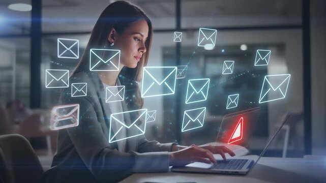 Person am Laptop mit holografischen E-Mail-Symbolen &ndash; Konzept f&uuml;r Datensicherheit