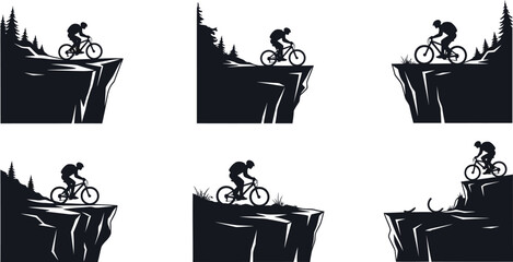 Silhouette mountain biker on cliff edge, extreme sport danger, risk taking cyclist, adventurous cliff jumping biking © MDMUKTADIR