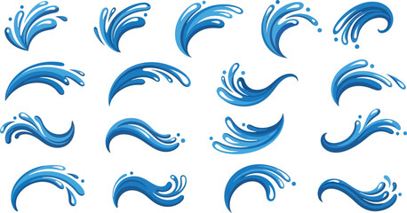 Fototapeta premium Various blue water splashes and waves abstract design elements on transparent background clean shapes stylized liquid motion dynamic art