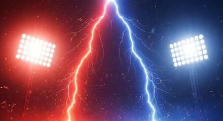 Red and blue lightning bolts with stadium lights on towers at night