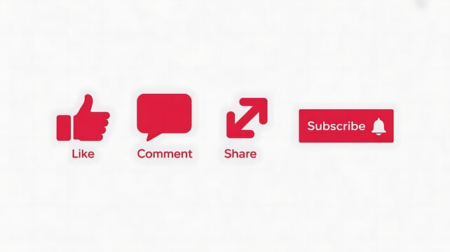 Social media icons, subscribe button, like comment share symbols, red on white background, web and mobile app interface elements