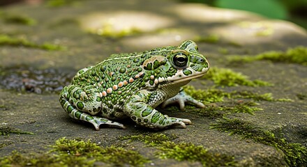 Green amphibian with patterned skin sits on mossy ground.