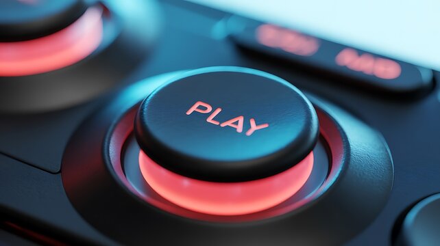 Close-up of illuminated play button on remote control, gaming console, or electronic device with glowing red light, black background, and sleek interface