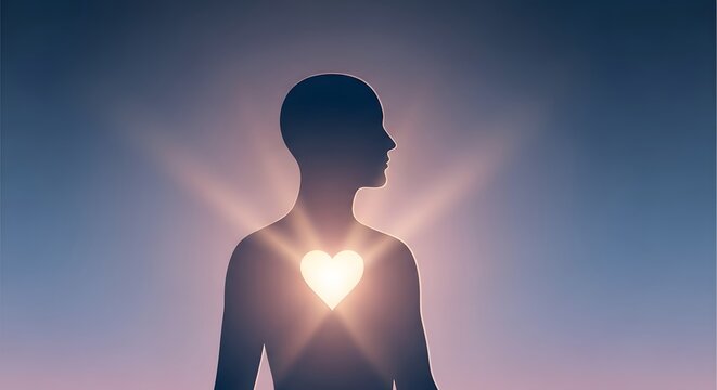 Enlightened Human Silhouette with Glowing Heart Symbolizing Inner Light and Spiritual Awakening
